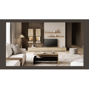 Ensemble meubles de salon RAMOS – Coloris chêne et noir – Meuble TV, vitrines, étagères – Sans LED