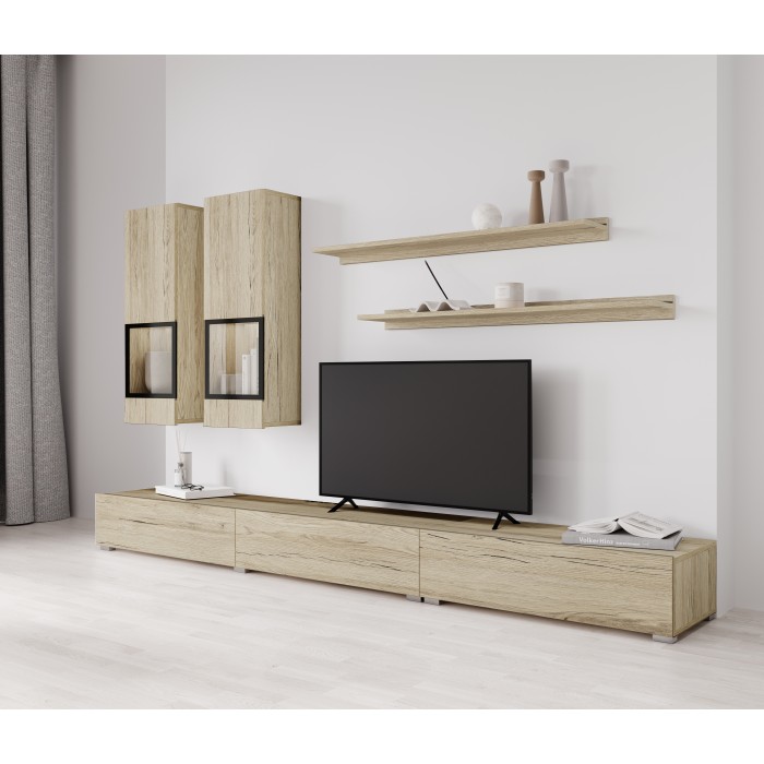 Ensemble meubles de salon RAMOS – Coloris chêne et noir – Meuble TV, vitrines, étagères – Sans LED