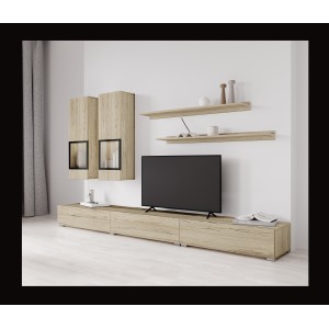 Ensemble meubles de salon RAMOS – Coloris chêne et noir – Meuble TV, vitrines, étagères – Sans LED