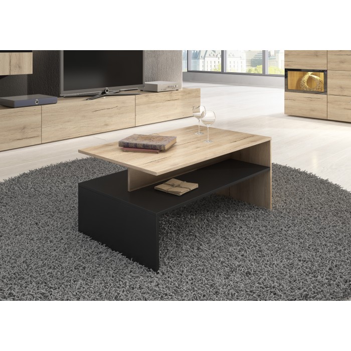 Table basse RAMOS – Chêne et noir – Design contemporain – Plateau de rangement pratique