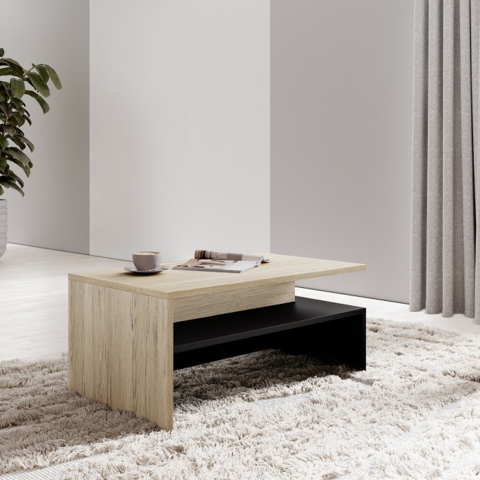 Table basse RAMOS – Chêne et noir – Design contemporain – Plateau de rangement pratique