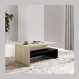 Table basse RAMOS – Chêne et noir – Design contemporain – Plateau de rangement pratique