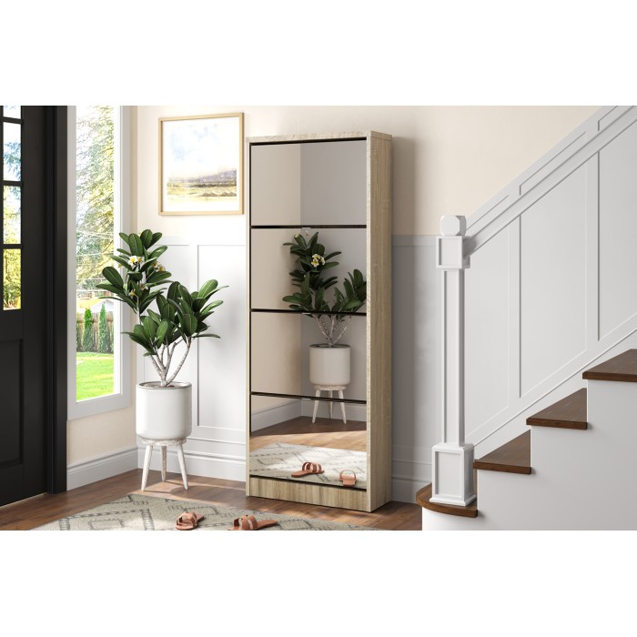 Meuble à chaussures MEXICO – 4 tiroirs avec miroirs – Coloris chêne sonoma – Rangement vertical contemporain