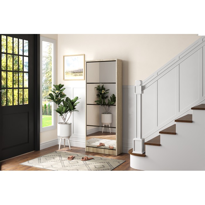 Meuble à chaussures MEXICO – 4 tiroirs avec miroirs – Coloris chêne sonoma – Rangement vertical contemporain