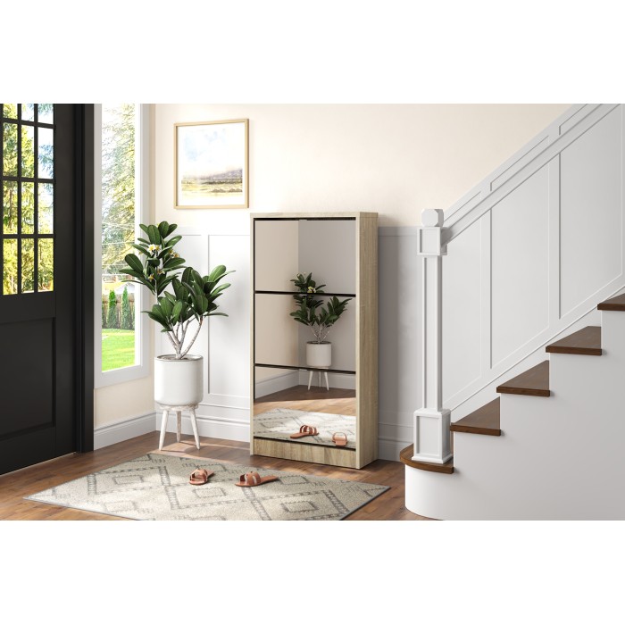 Meuble à chaussures MEXICO – 3 tiroirs avec miroirs – Coloris chêne sonoma – Design contemporain et fonctionnel