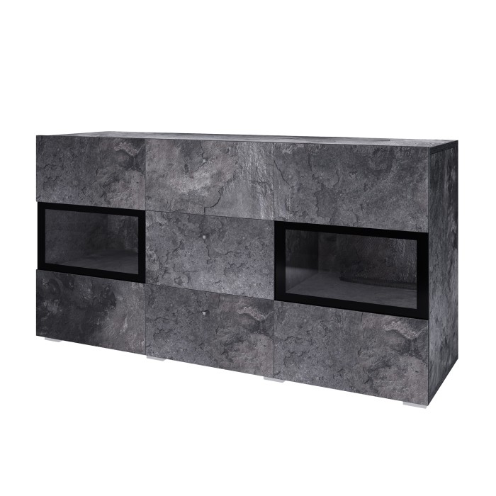 Buffet 130 cm RAMOS – Gris effet ardoise et noir – 2 portes vitrées + 3 tiroirs – Sans LED
