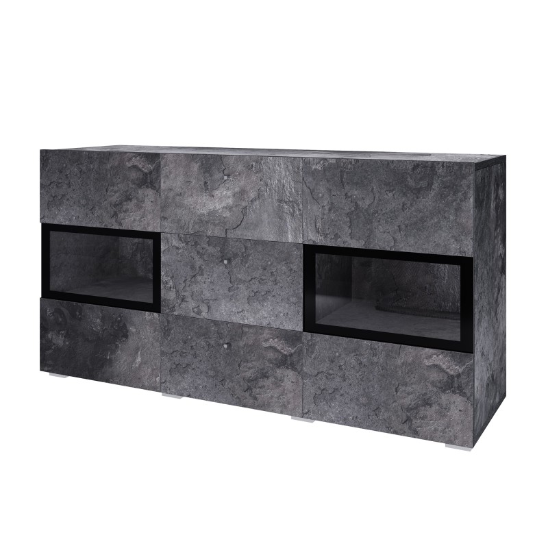 Buffet 130 cm RAMOS – Gris effet ardoise et noir – 2 portes vitrées + 3 tiroirs – Sans LED