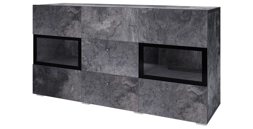 Buffet 130 cm RAMOS – Gris effet ardoise et noir – 2 portes vitrées + 3 tiroirs – Sans LED