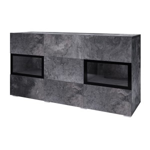 Buffet 130 cm RAMOS – Gris effet ardoise et noir – 2 portes vitrées + 3 tiroirs – Sans LED