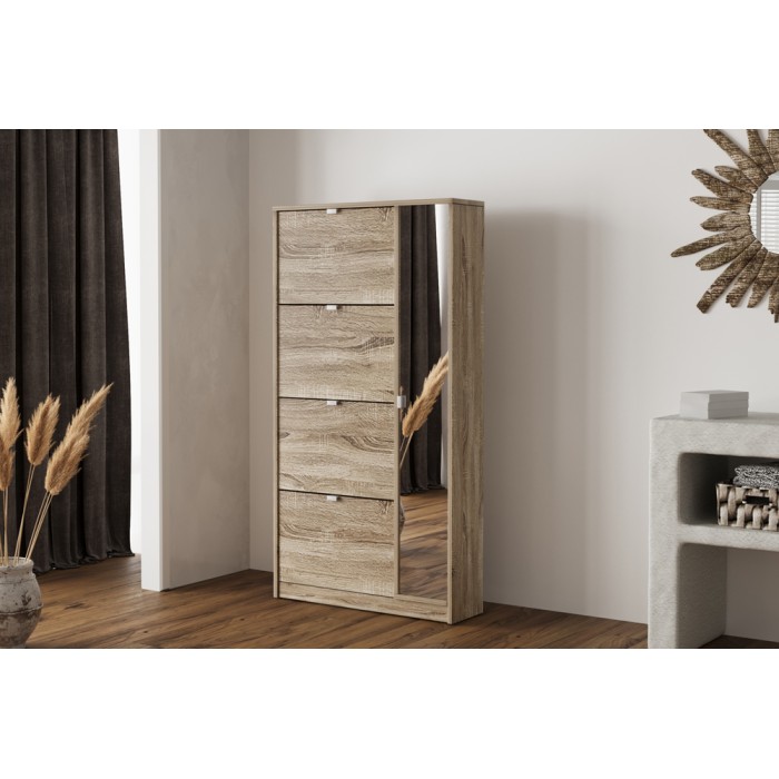 Meuble à chaussures MEXICO – 4 tiroirs et 1 porte avec miroir – Coloris chêne sonoma – Design pratique et contemporain