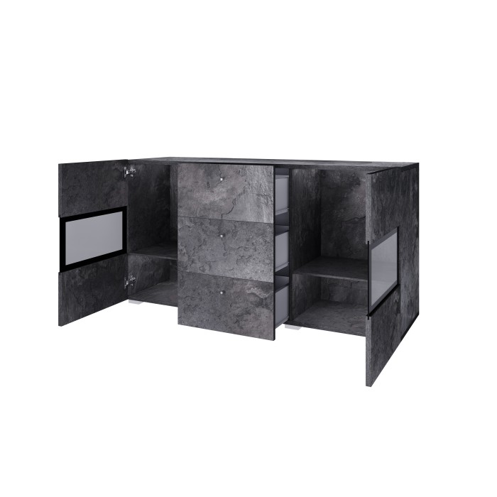 Buffet 130 cm RAMOS – Gris effet ardoise et noir – 2 portes vitrées + 3 tiroirs – Sans LED