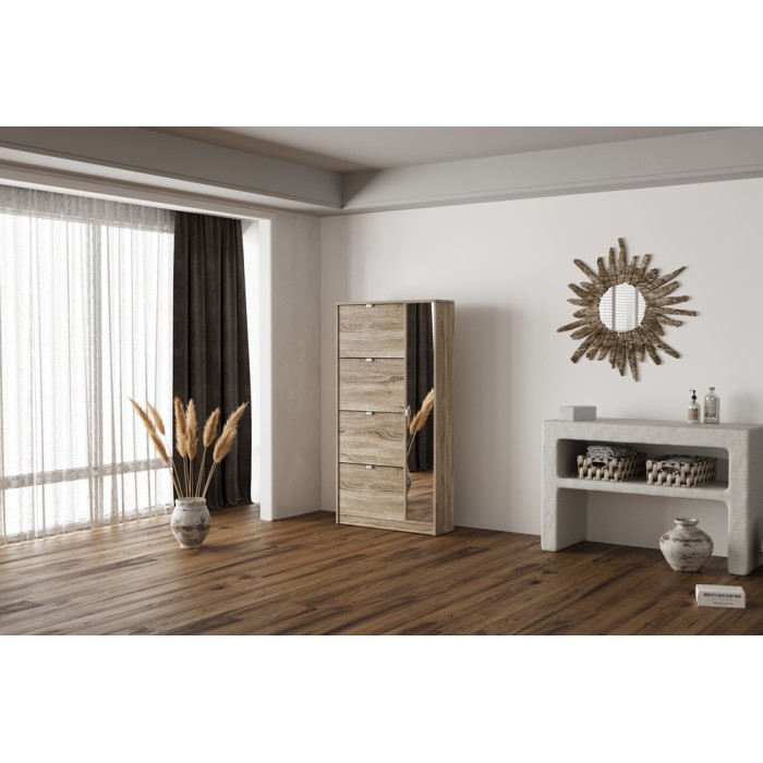 Meuble à chaussures MEXICO – 4 tiroirs et 1 porte avec miroir – Coloris chêne sonoma – Design pratique et contemporain