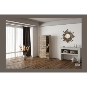 Meuble à chaussures MEXICO – 4 tiroirs et 1 porte avec miroir – Coloris chêne sonoma – Design pratique et contemporain