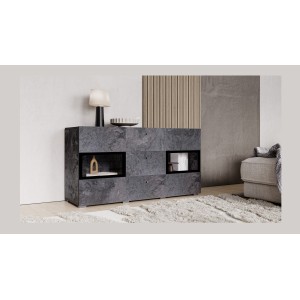 Buffet 130 cm RAMOS – Gris effet ardoise et noir – 2 portes vitrées + 3 tiroirs – Sans LED