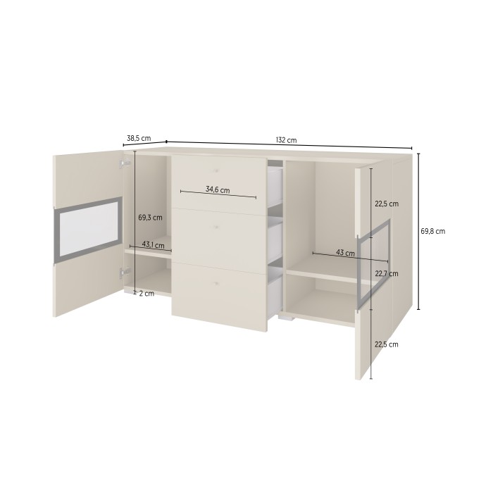 Buffet 130 cm RAMOS – Gris effet ardoise et noir – 2 portes vitrées + 3 tiroirs – Sans LED