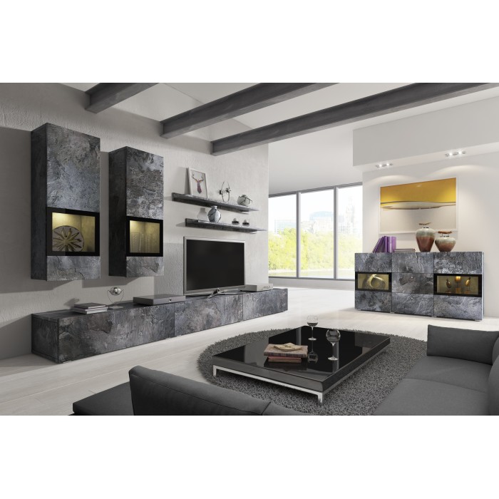 Buffet 130 cm RAMOS – Gris effet ardoise et noir – 2 portes vitrées + 3 tiroirs – Sans LED