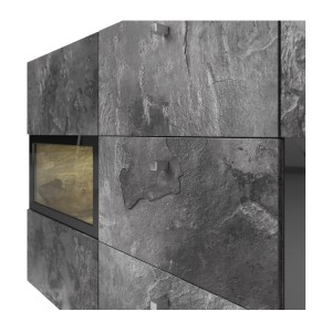 Buffet 130 cm RAMOS – Gris effet ardoise et noir – 2 portes vitrées + 3 tiroirs – Sans LED