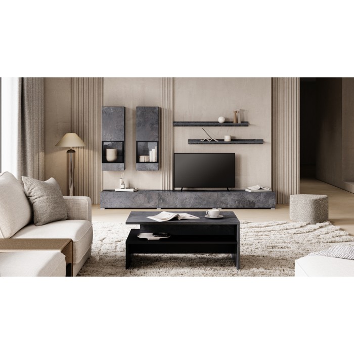 Ensemble meubles de salon RAMOS – Gris effet ardoise – Composition murale design sans LED