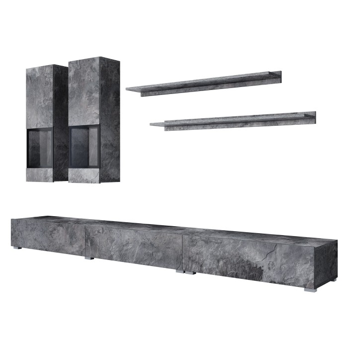 Ensemble meubles de salon RAMOS – Gris effet ardoise – Composition murale design sans LED