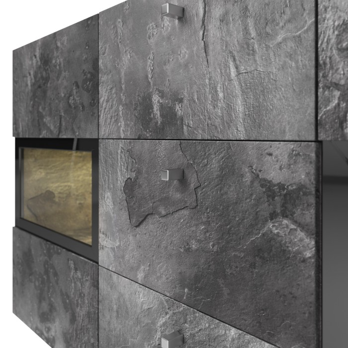 Buffet 130 cm RAMOS – Gris effet ardoise et noir – LED multicolores intégrées – 2 portes vitrées + 3 tiroirs