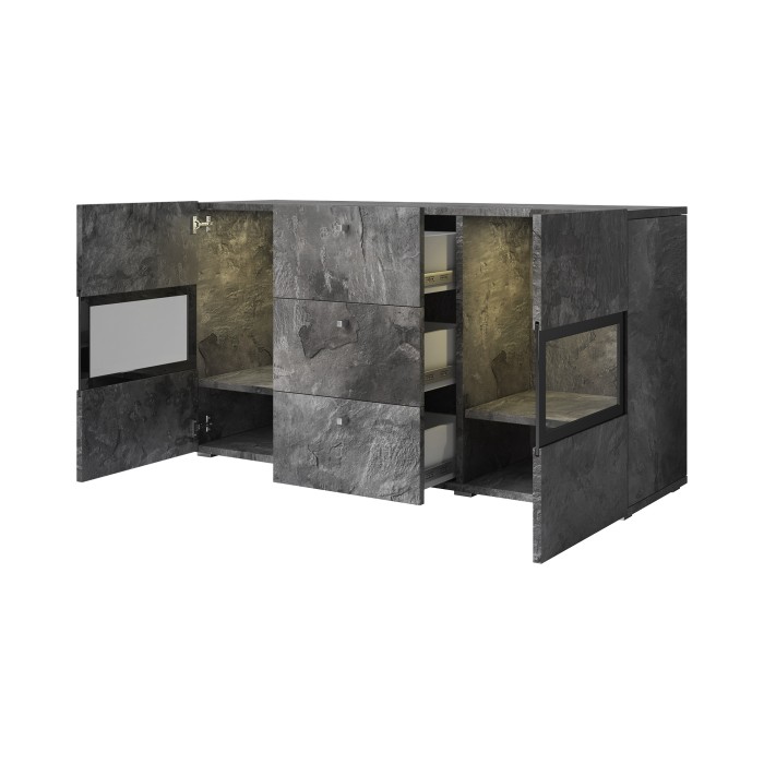 Buffet 130 cm RAMOS – Gris effet ardoise et noir – LED multicolores intégrées – 2 portes vitrées + 3 tiroirs