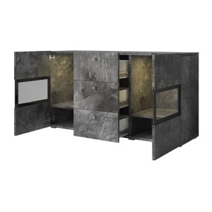 Buffet 130 cm RAMOS – Gris effet ardoise et noir – LED multicolores intégrées – 2 portes vitrées + 3 tiroirs