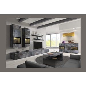 Buffet 130 cm RAMOS – Gris effet ardoise et noir – LED multicolores intégrées – 2 portes vitrées + 3 tiroirs