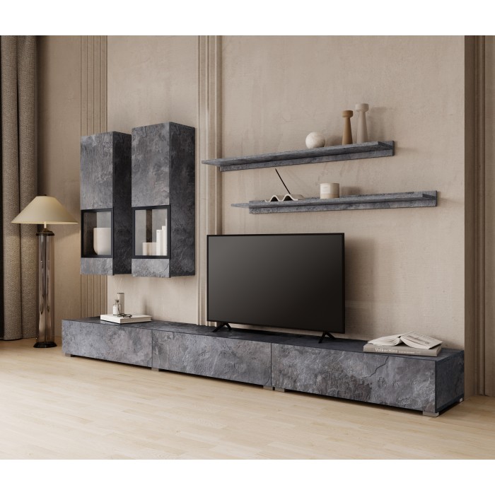 Ensemble meubles de salon RAMOS – Gris effet ardoise – LED multicolores intégrées