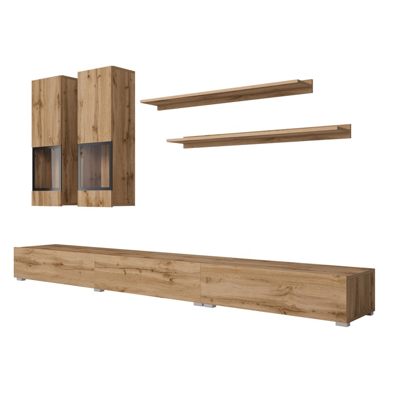 Ensemble meubles de salon RAMOS – Chêne doré et noir – Design contemporain sans LED