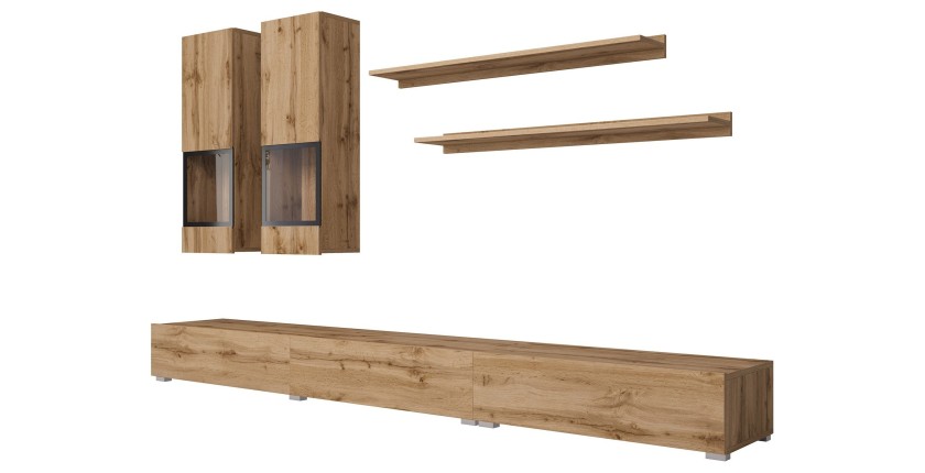 Ensemble meubles de salon RAMOS – Chêne doré et noir – Design contemporain sans LED