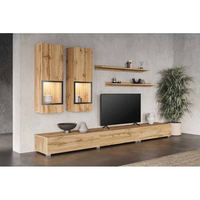 Ensemble meubles de salon RAMOS – Chêne doré et noir – Design contemporain sans LED