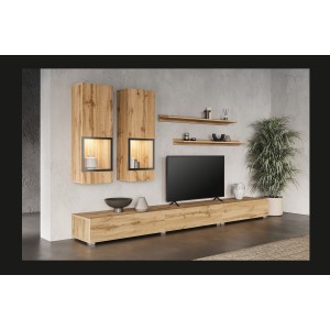 Ensemble meubles de salon RAMOS – Chêne doré et noir – Design contemporain sans LED