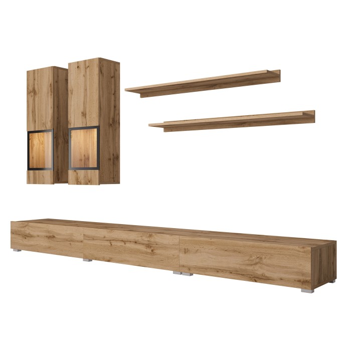 Ensemble meubles de salon RAMOS – Chêne doré et noir – LED multicolore intégrée – Style contemporain