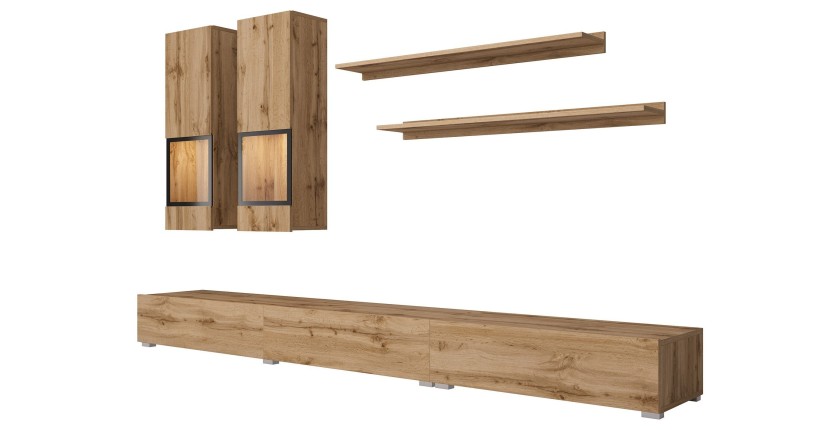 Ensemble meubles de salon RAMOS – Chêne doré et noir – LED multicolore intégrée – Style contemporain