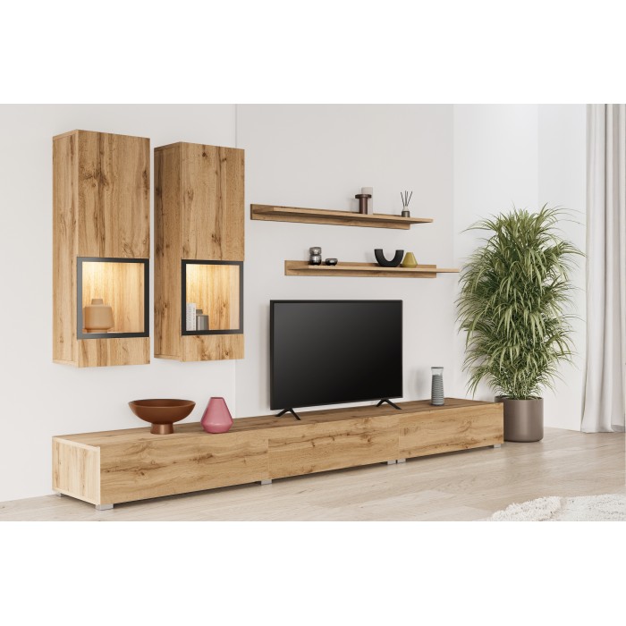 Ensemble meubles de salon RAMOS – Chêne doré et noir – LED multicolore intégrée – Style contemporain