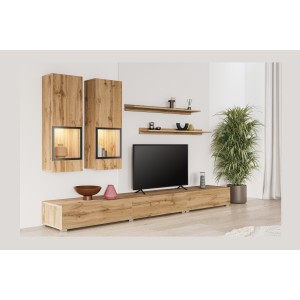 Ensemble meubles de salon RAMOS – Chêne doré et noir – LED multicolore intégrée – Style contemporain