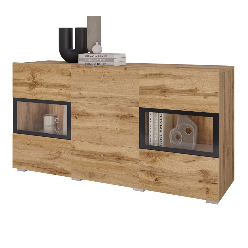 Buffet RAMOS 130 cm – Chêne doré et noir – 2 portes vitrées et 3 tiroirs – Sans LED