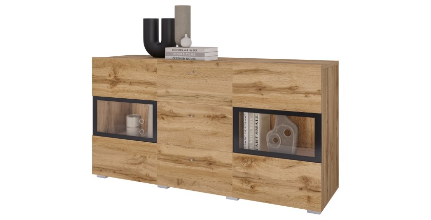 Buffet RAMOS 130 cm – Chêne doré et noir – 2 portes vitrées et 3 tiroirs – Sans LED