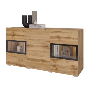Buffet RAMOS 130 cm – Chêne doré et noir – 2 portes vitrées et 3 tiroirs – Sans LED