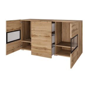 Buffet RAMOS 130 cm – Chêne doré et noir – 2 portes vitrées et 3 tiroirs – Sans LED