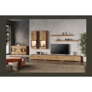 Buffet RAMOS 130 cm – Chêne doré et noir – 2 portes vitrées et 3 tiroirs – Sans LED