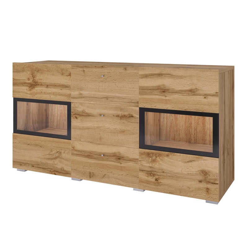 Buffet RAMOS 130 cm – Chêne doré et noir – LED multicolore intégrée – 2 portes vitrées et 3 tiroirs