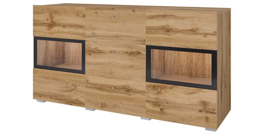 Buffet RAMOS 130 cm – Chêne doré et noir – LED multicolore intégrée – 2 portes vitrées et 3 tiroirs