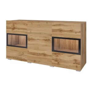Buffet RAMOS 130 cm – Chêne doré et noir – LED multicolore intégrée – 2 portes vitrées et 3 tiroirs