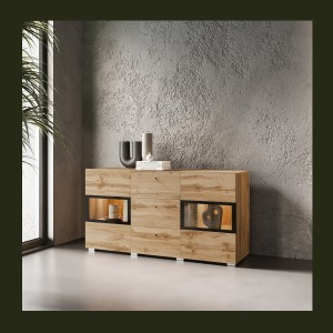 Buffet RAMOS 130 cm – Chêne doré et noir – LED multicolore intégrée – 2 portes vitrées et 3 tiroirs