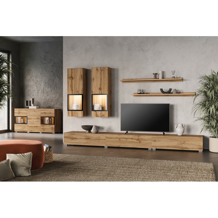 Buffet RAMOS 130 cm – Chêne doré et noir – LED multicolore intégrée – 2 portes vitrées et 3 tiroirs