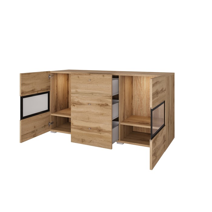 Buffet RAMOS 130 cm – Chêne doré et noir – LED multicolore intégrée – 2 portes vitrées et 3 tiroirs