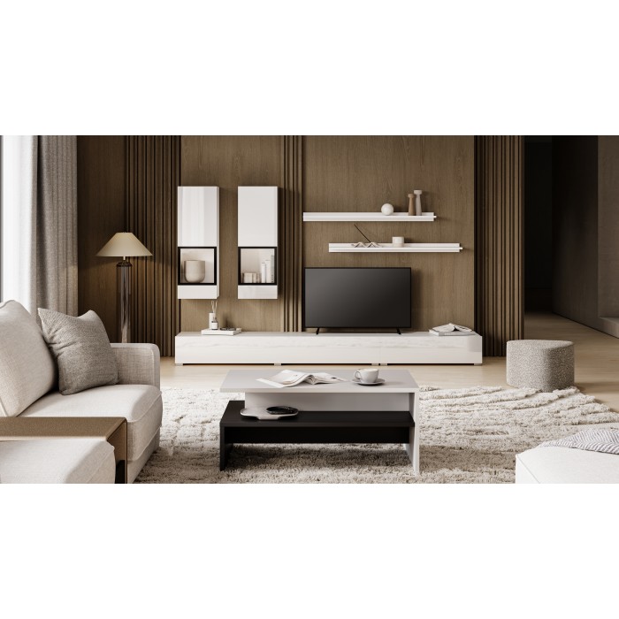 Ensemble de 7 meubles de salon collection RAMOS. Couleur blanc brillant.