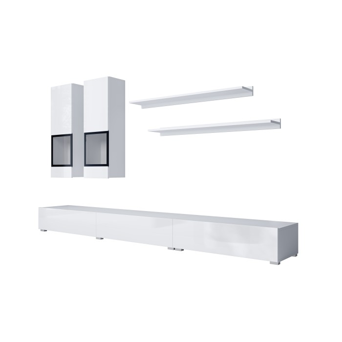 Ensemble de 7 meubles de salon collection RAMOS. Couleur blanc brillant.