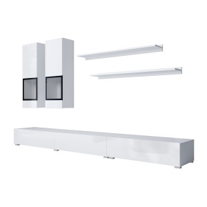 Ensemble de 7 meubles de salon collection RAMOS. Couleur blanc brillant.